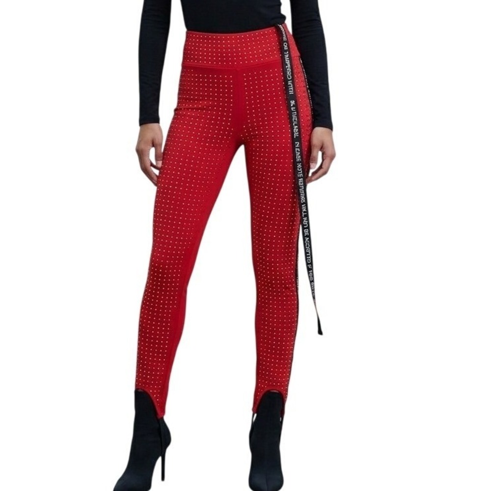 SLA The Label Red Rhinestone‎ Embellished Stirrup Leggings High Waisted L NEW